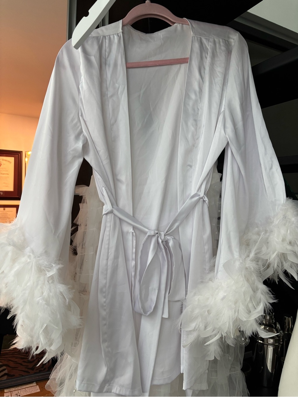 White Feather-Trim Satin Robe – Women’s Intimates & Sleepwear